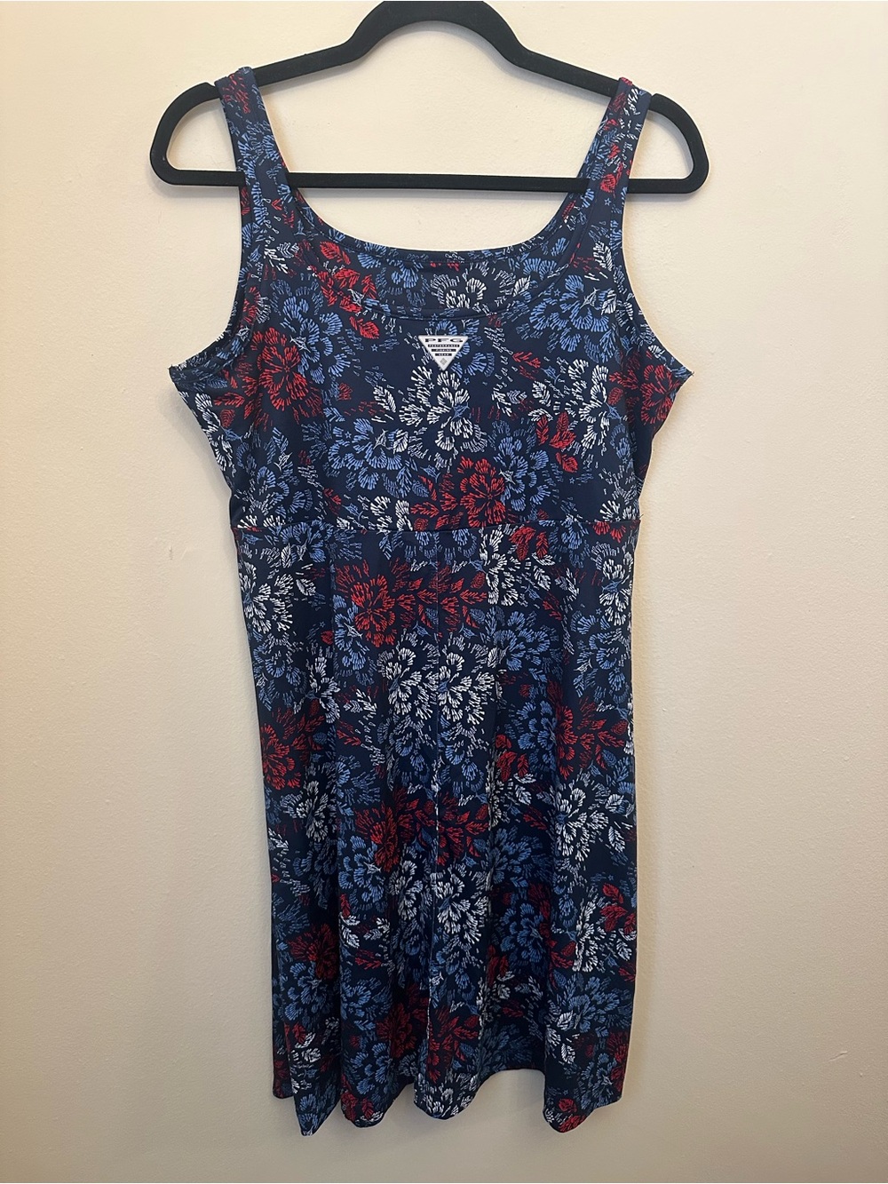 Columbia PFG Sleeveless Floral Dress Navy Red Blue Omni-Shade Stretch Size Large - Picture 3 of 5